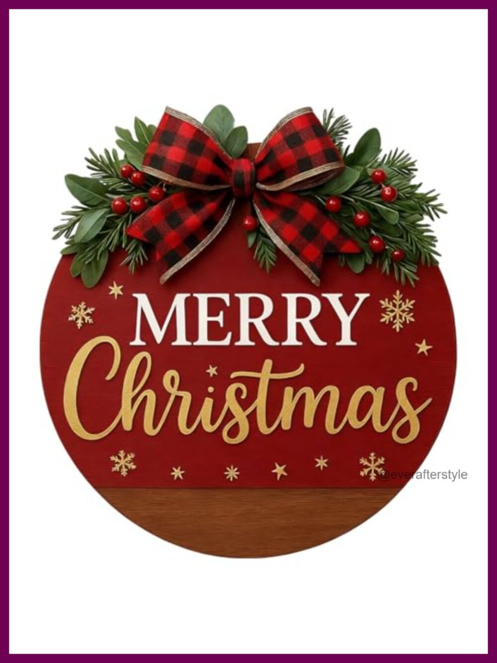 Merry Christmas Wooden Door Sign with Bow Greenery Red Berries 11.8in